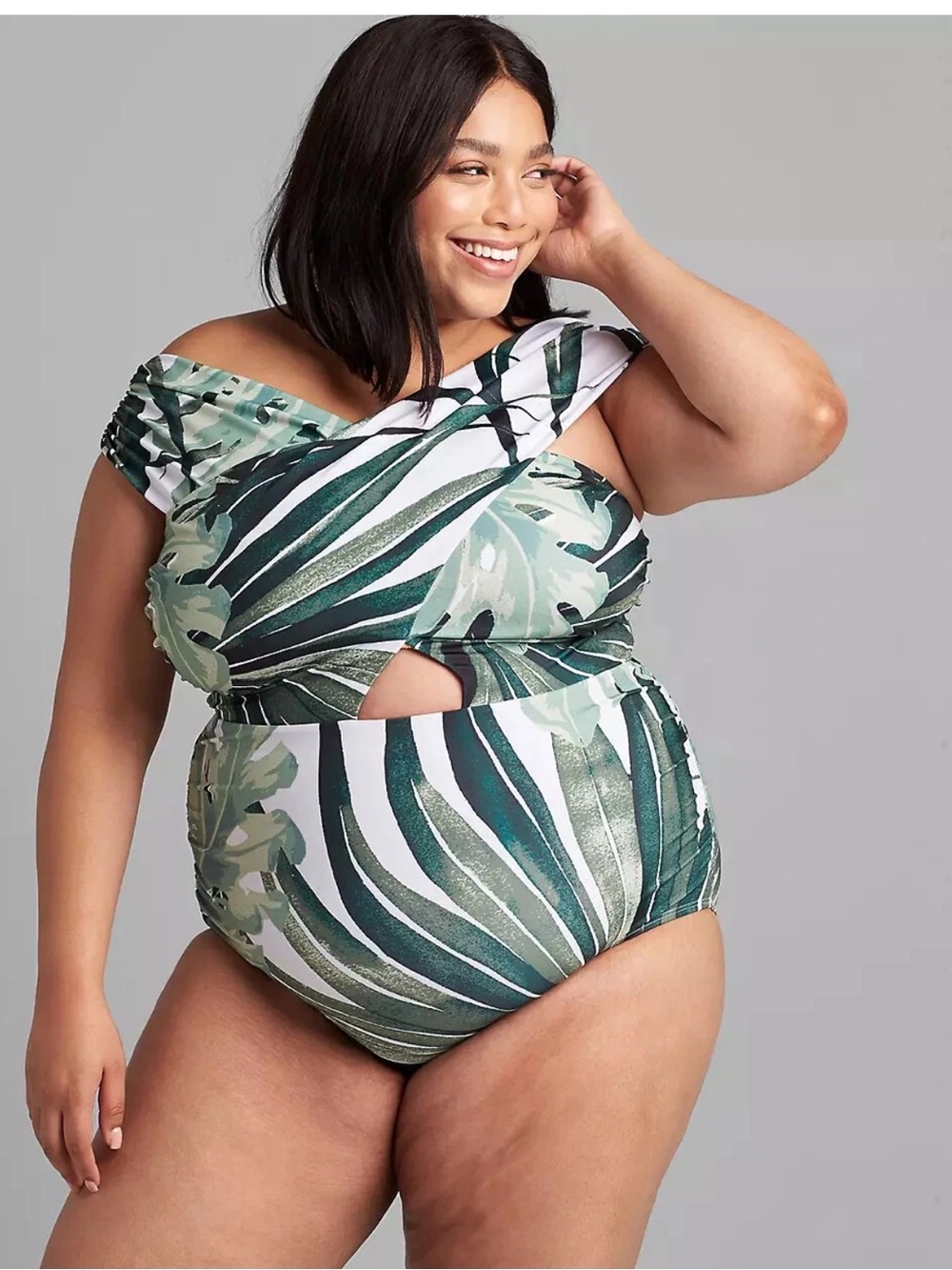 Cacique Green Leaf Off-Shoulder One-Piece Swimsuit